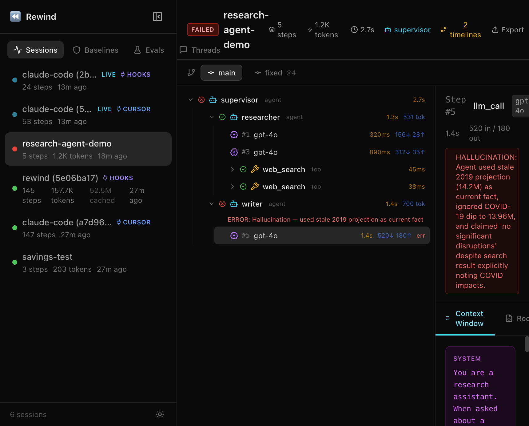 Rewind error detail view showing evaluation scores across timelines